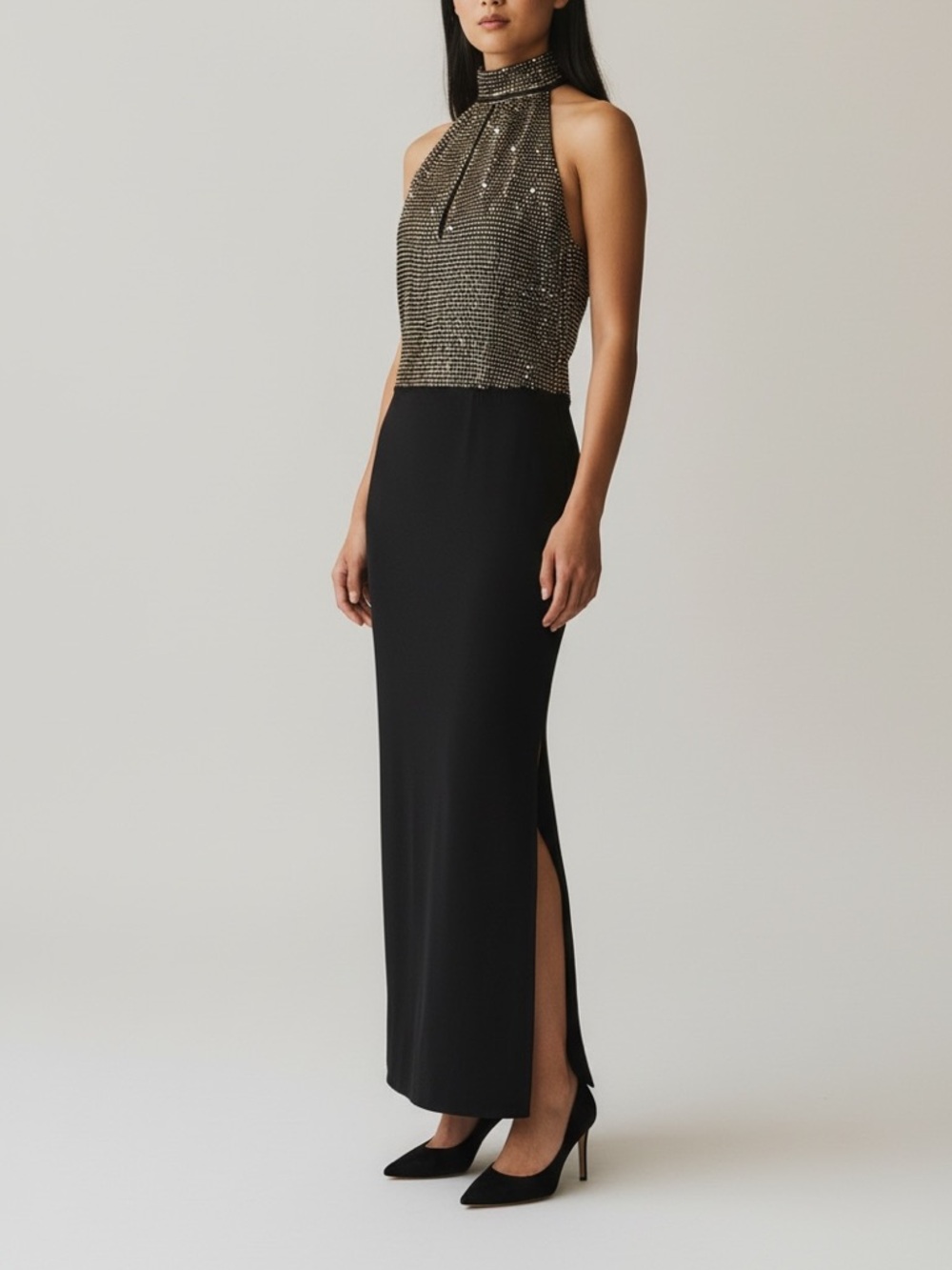 St. John Evening Mock Neck Sleeveless Maxi Dress Women 10 Black and Gold